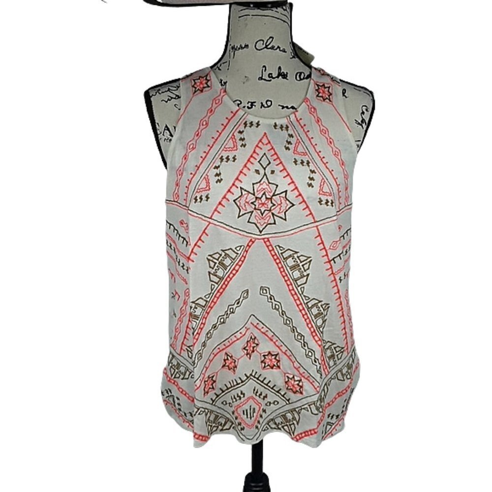 Lucky Brand Geometric Sleeveless Blouse  Womens Geometric Racerback Embroidered